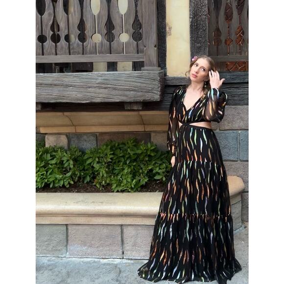 SHOSHANNA Black Georgette Metallic Ribbon Waist Cinching Cutout Randi Dress 14 - Picture 2 of 15